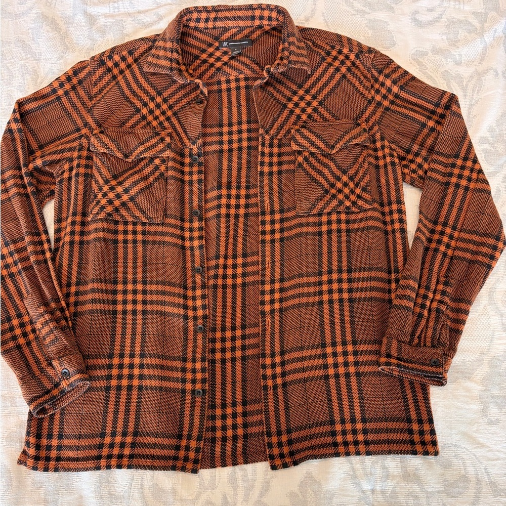 INC International Concepts Orange Plaid Button Down Shirt